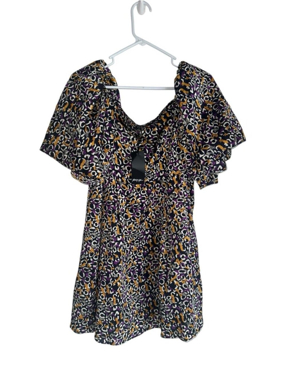 NWT Nasty Gal Babydoll Puff Sleeve Mini Dress Sz M Black Purple Animal Club